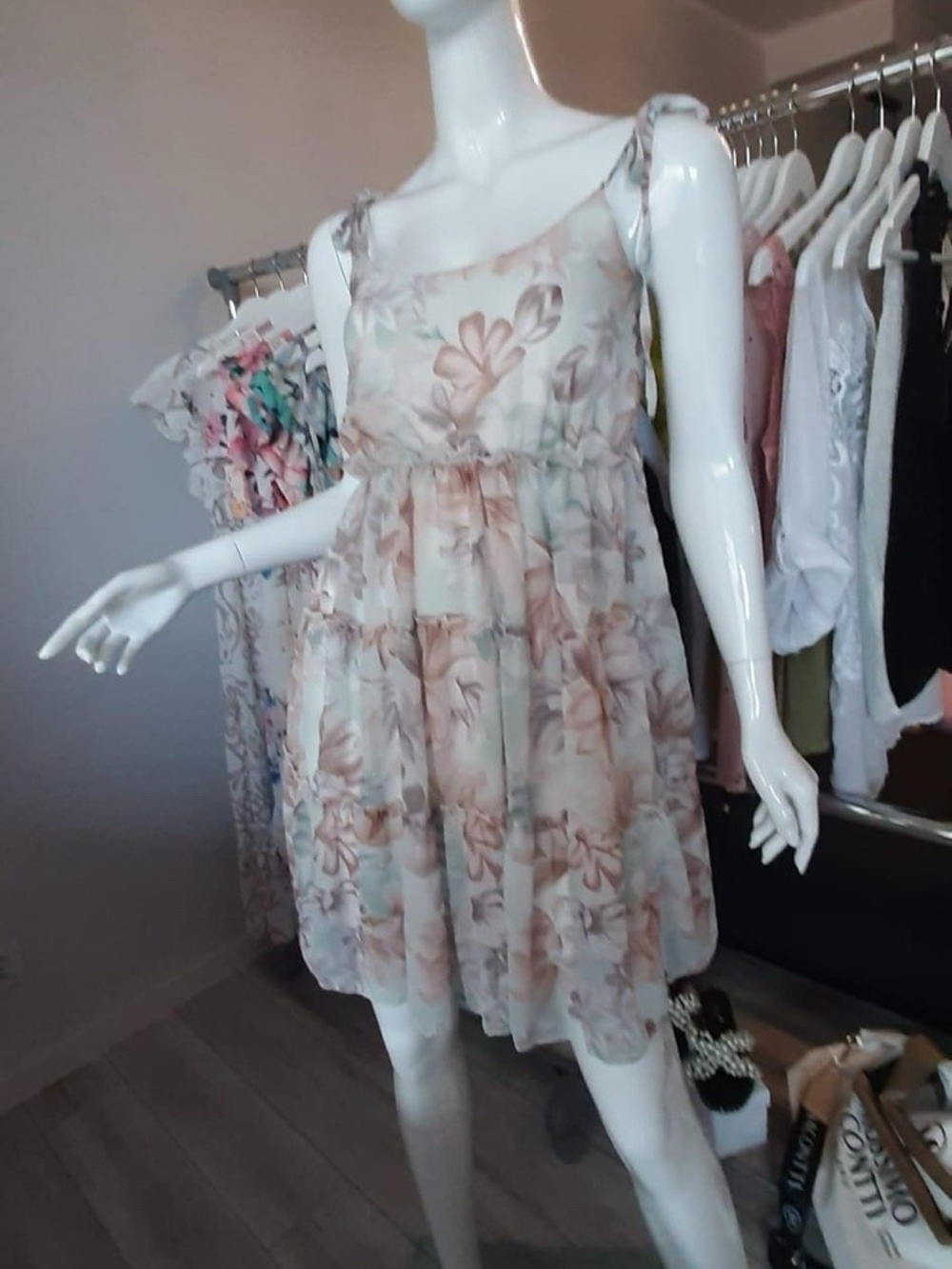 Floral Summer Chiffon Dress - Pastel Tan & Teal And Tan & Blue